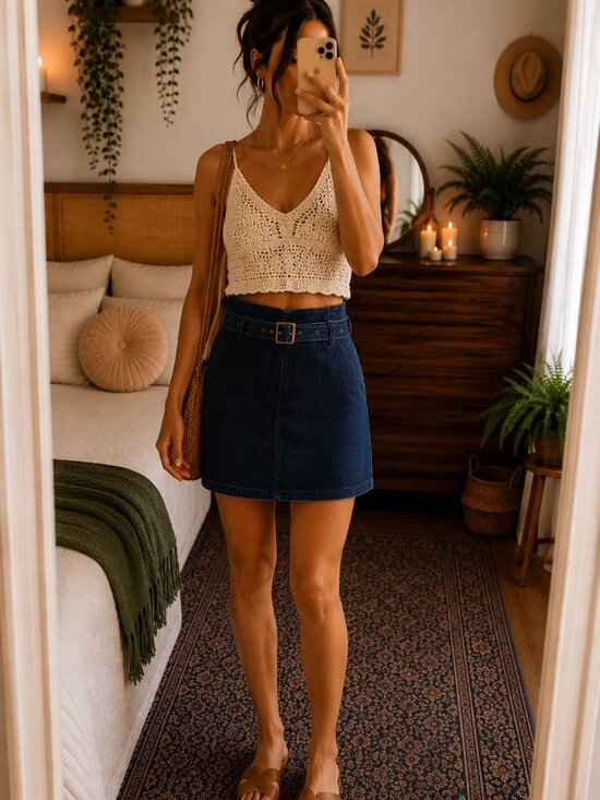Free People Dresses & Skirts - Free People Living It Up Denim‎ Mini Skirt Size 8 Belted Dark Wash